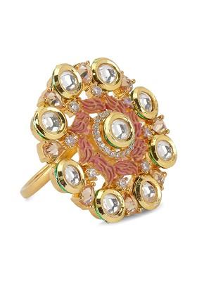 Women Gold Plated And Pink American Diamond Studded With Kundan Finger Ring