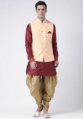 Men Maroon And Brown Solid Kurta With Dhoti Pants And Nehru Jacket