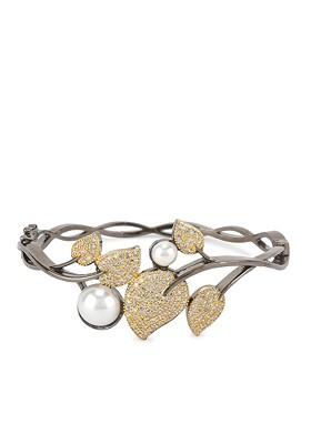 Women Gunmetal Toned Rhodium Plated Pearl Studded Cuff Bracelet