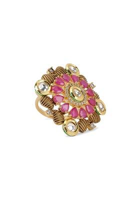 Women Gold Plated And Pink Kundan Embellished Adjustable Finger Ring