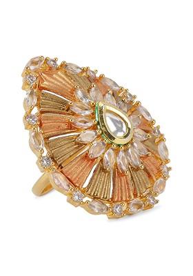 Women Gold Plated Kundan Embellished Adjustable Meenakari Finger Ring