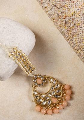 Women Gold Plated And Peach Coloured Kundan And Pearl Embellished Matha Patti