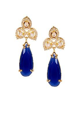 Gold Plated And Navy Blue American Diamond Teardrop Shaped Drop Earrings
