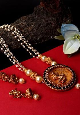 Women Gold Plated And Black Antique Matte Finish Temple Jewellery Set