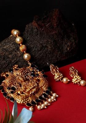 Women Gold Plated And Black Antique Matte Goddess Laxmi Temple Jewellery Set