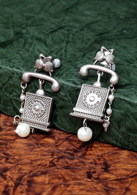 Women Oxidized Silver Plated Off White Square Jhumkas