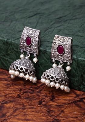 Silver Plated Oxidized And Pink Dome Shaped Jhumkas
