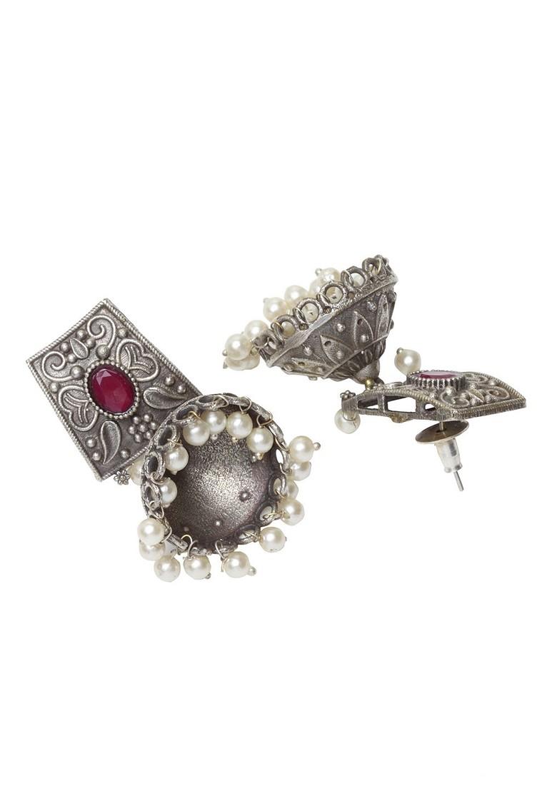 Silver Plated Oxidized And Pink Dome Shaped Jhumkas