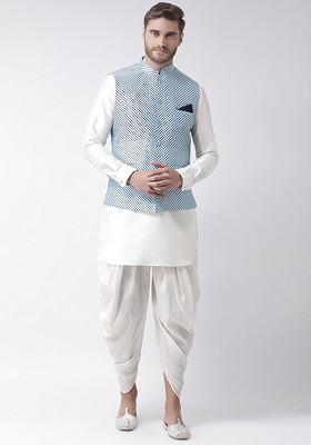 Men Off White And Blue Solid Dupion Silk Kurta Set