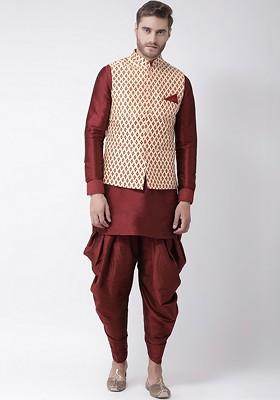 Men Maroon Solid Kurta With Dhoti Pants And Nehru Jacket