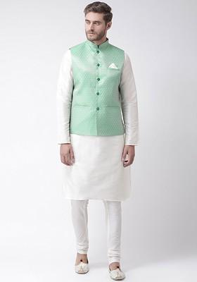 Men Off White Solid Dupion Silk Kurta Set