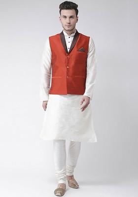 Men Orange And Off White Solid Dupion Silk Kurta Set