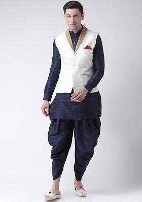 Men Navy Blue Solid Kurta Set