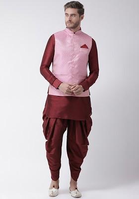 Men Maroon And Pink Solid Kurta With Dhoti Pants And Nehru Jacket