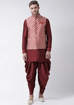 Men Maroon Solid Kurta With Dhoti Pants And Nehru Jacket