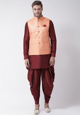 Men Maroon Solid Kurta With Dhoti Pants And Nehru Jacket