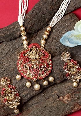 Women Gold Plated Red And White Stone Studded Pearl Temple Jewellery Set