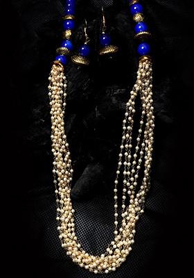 Women Gold Plated Blue And White Stone Studded Pearl Temple Jewellery Set