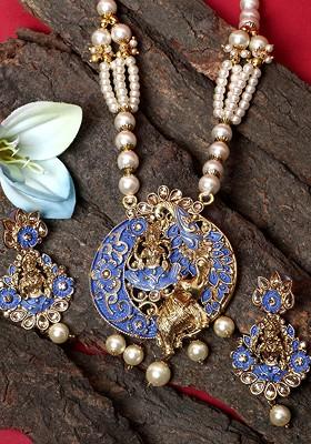 Women Gold Plated Blue And White Stone Studded Pearl Temple Jewellery Set