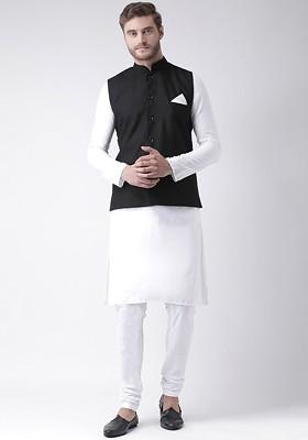 Men Off White Solid Dupion Silk Kurta Set