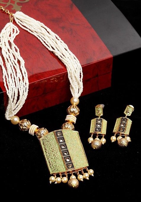 Women Gold Plated And Green Handpainted Jewellery Set