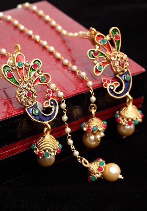 Gold Plated And Off White Meenakari Peacock Shaped Drop Earrings