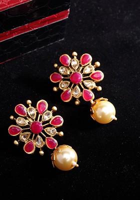 Pink Gold Plated Floral Handcrafted Kundan Drop Earrings