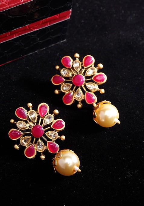 Pink Gold Plated Floral Handcrafted Kundan Drop Earrings