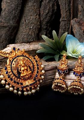 Women Gold Plated Goddess Laxmi Blue Stone Studded Temple Jewellery Set