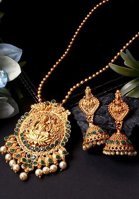 Women Gold Plated Goddess Laxmi Green Stone Studded Temple Jewellery Set