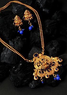 Women Gold Plated And Blue Stone Studded Temple Jewellery Set