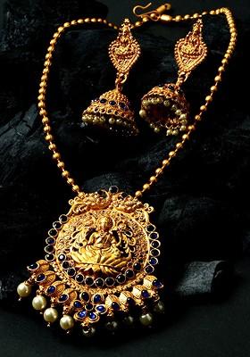 Women Gold Plated Goddess Laxmi Blue Stone Studded Temple Jewellery Set