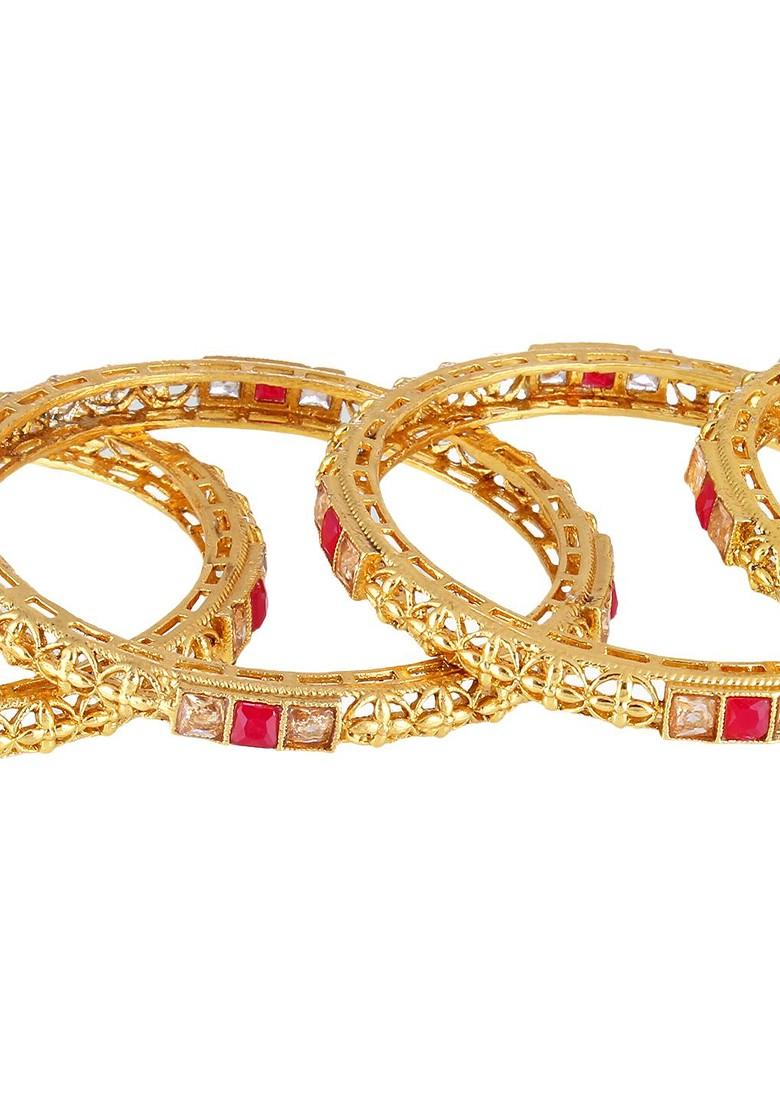 Women Set Of 4 24 KT Gold Plated Red Stone Studded Handcrafted Bangles