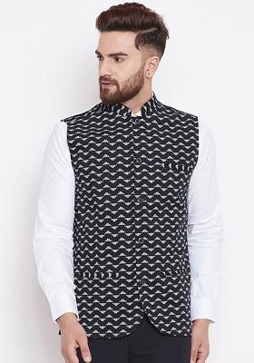 Men Navy Blue And White Printed Pure Cotton Woven Nehru Jacket
