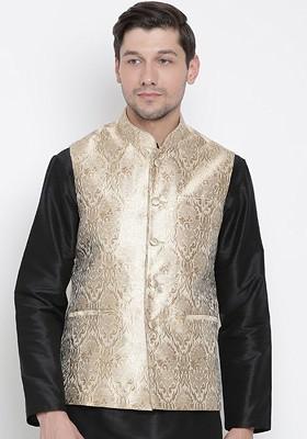 Men Gold Toned Woven Design Silk Blend Nehru Jacket