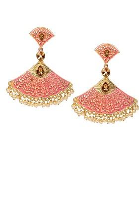 Pink And Gold Plated Triangular Enamelled Kundan Studded Drop Earrings
