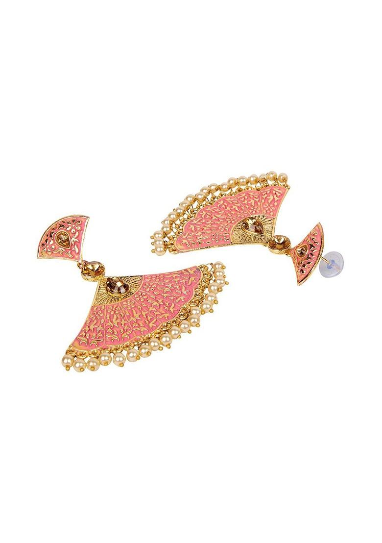 Pink And Gold Plated Triangular Enamelled Kundan Studded Drop Earrings