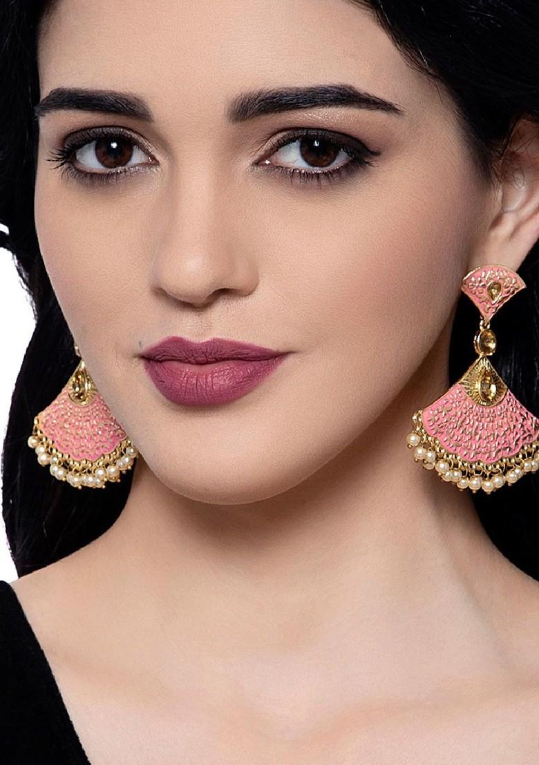Pink And Gold Plated Triangular Enamelled Kundan Studded Drop Earrings