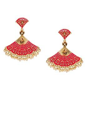 Red And Gold Plated Triangular Enamelled Kundan Studded Drop Earrings