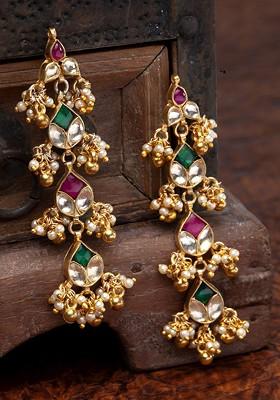 Gold Plated  And Green Kundan Handcrafted Classic Drop Earrings