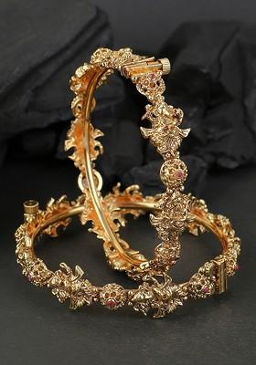 Set Of 2 Gold Plated Magenta Stone Studded Handcrafted Bangles