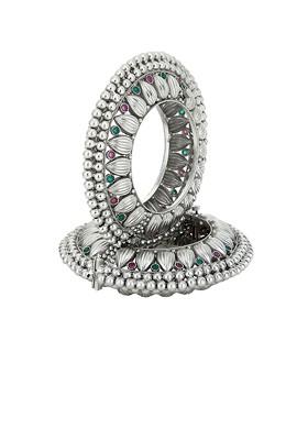 Set Of 2 Silver Plated Pink And Green Stone Studded Handcrafted Bangles