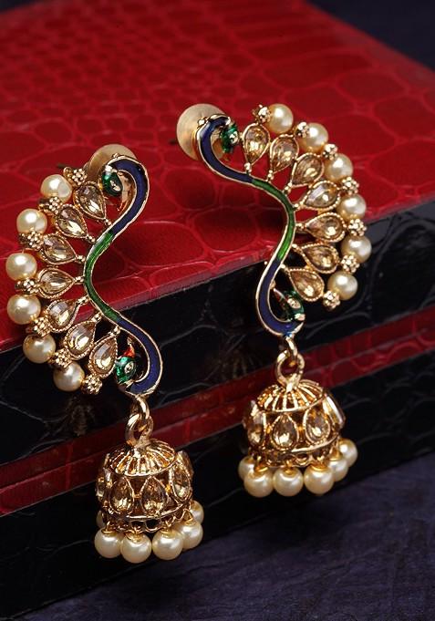 Gold Plated And White Meenakari Peacock Shaped Drop Earrings