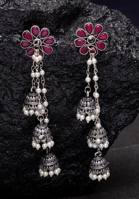 Silver_Plated And Maroon Contemporary Drop Earrings