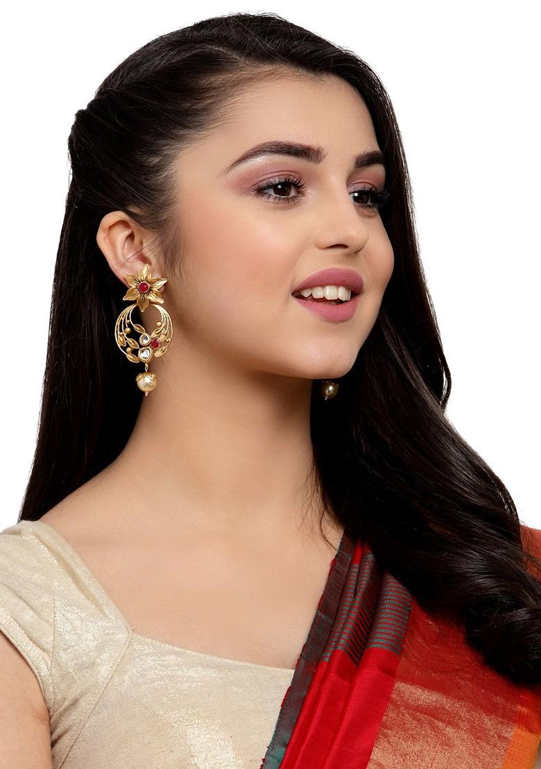 Gold Plated And Red Pearl Studded Floral Antique Drop Earrings