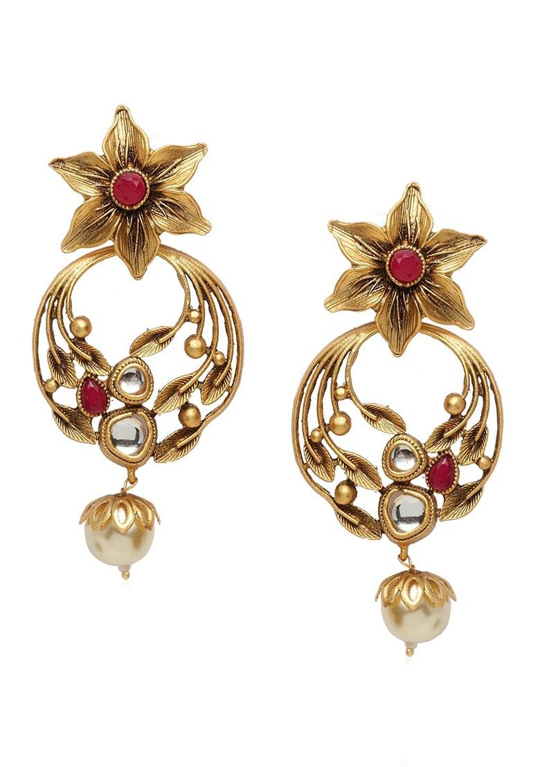 Gold Plated And Red Pearl Studded Floral Antique Drop Earrings