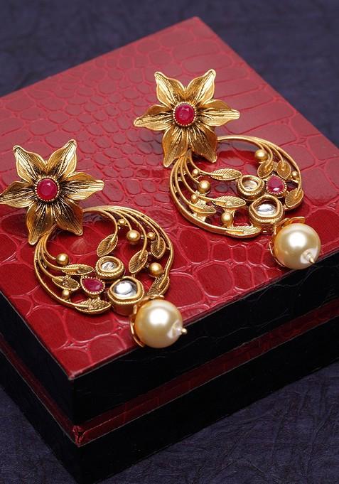 Gold Plated And Red Pearl Studded Floral Antique Drop Earrings