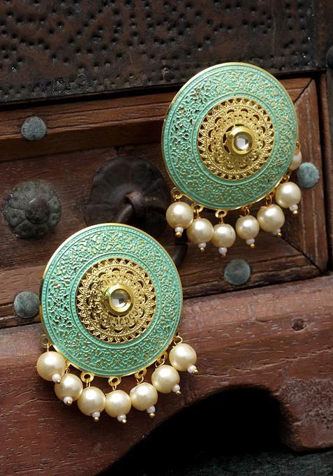 Gold Toned And Sea Green Circular Studs