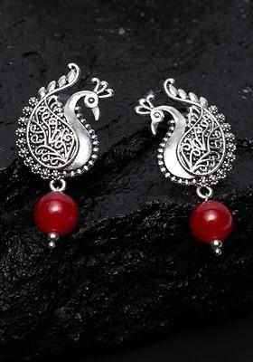 Red And Silver Plated Peacock Shaped Oxidized Drop Earrings