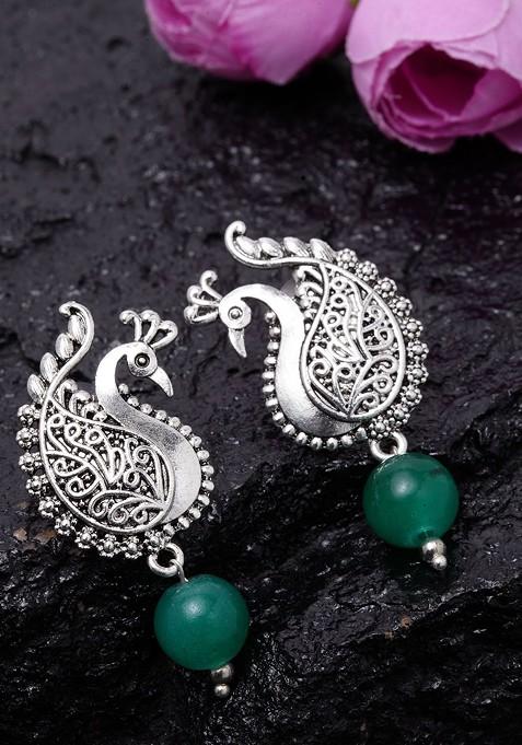 Green And Silver Plated Oxidised Peacock Shaped Drop Earrings